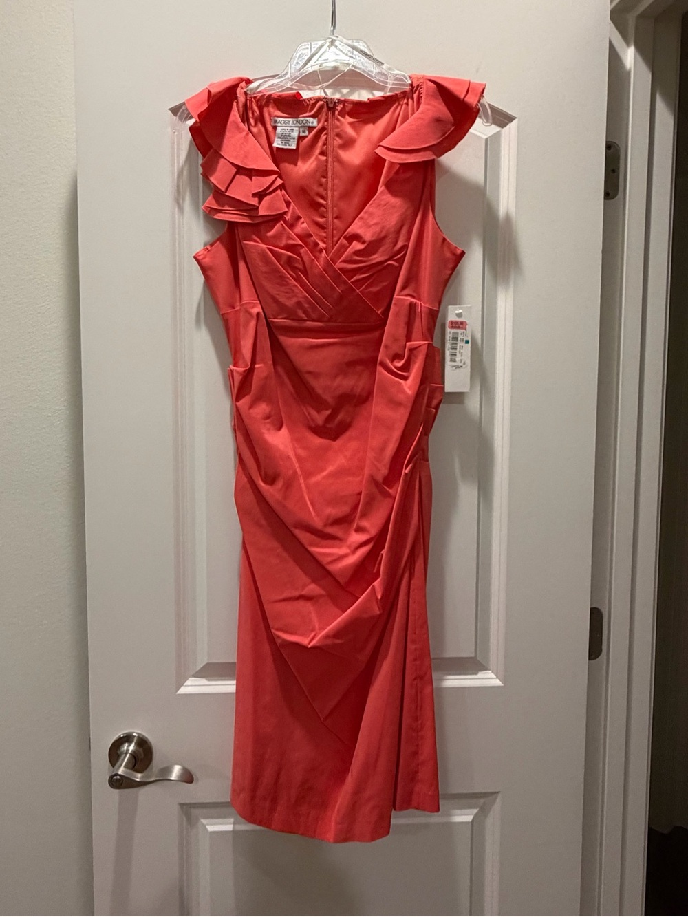 Maggy London Coral Ruffled V‑Neck Sheath Midi Dress